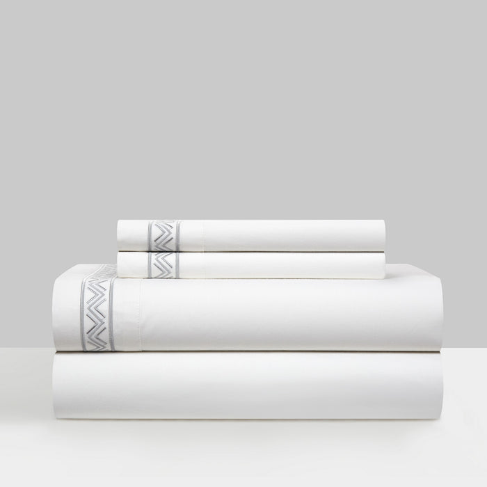 Chic Home Ella Cotton Duvet Cover Set Solid White Dual Stripe Embroidered Border Zig-Zag Details Hotel Collection Bedding - Includes Sheets Pillowcases Pillow Shams - 7 Piece - Queen 92x96, Grey - Queen