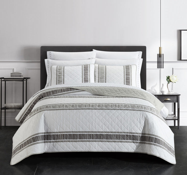 Chic Home Medici Quilt Set Diamond Stitched Striped Print Bed In A Bag - Sheet Set Decorative Pillow Shams Included - 9 Piece - King 106x90", White/Grey - King
