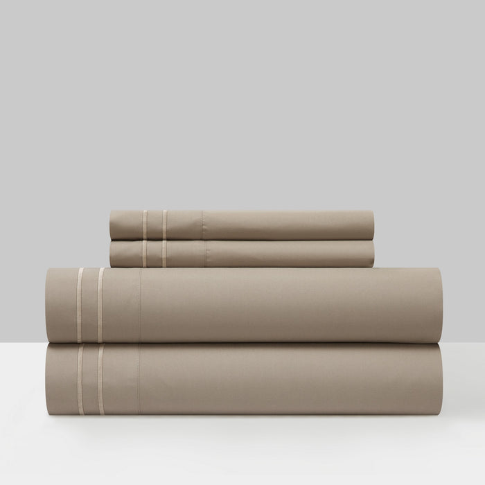 Chic Home Savannah Sheet Set Solid Color With Dual Stripe Embroidery - Includes 1 Flat, 1 Fitted Sheet, and 2 Pillowcases - 4 Piece - King 108x102", Taupe - Taupe