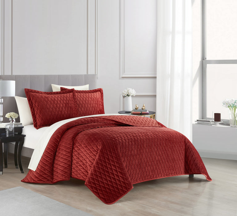 NY&C Home Wafa 3 Piece Velvet Quilt Set Diamond Stitched Pattern Bedding - Pillow Shams Included, King, Brick - King