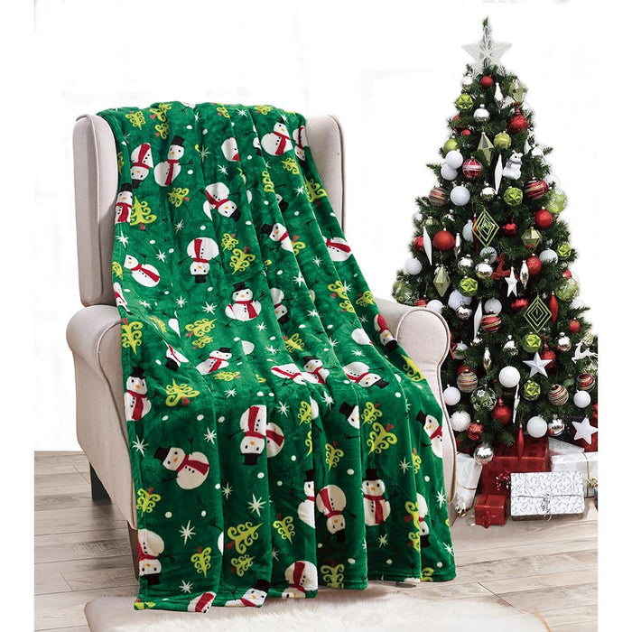 Plazatex Green Snowman plush Decorative Christmas Machine Washable Throw 50" X 60" Green