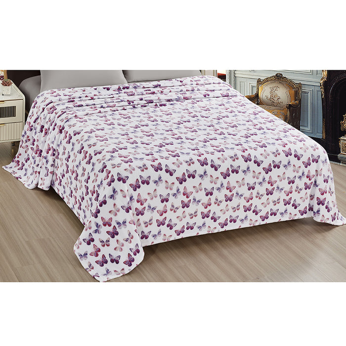 Plazatex Luxurious Ultra Soft Lightweight Rose Butterfly Printed Bed Blanket White/Purple