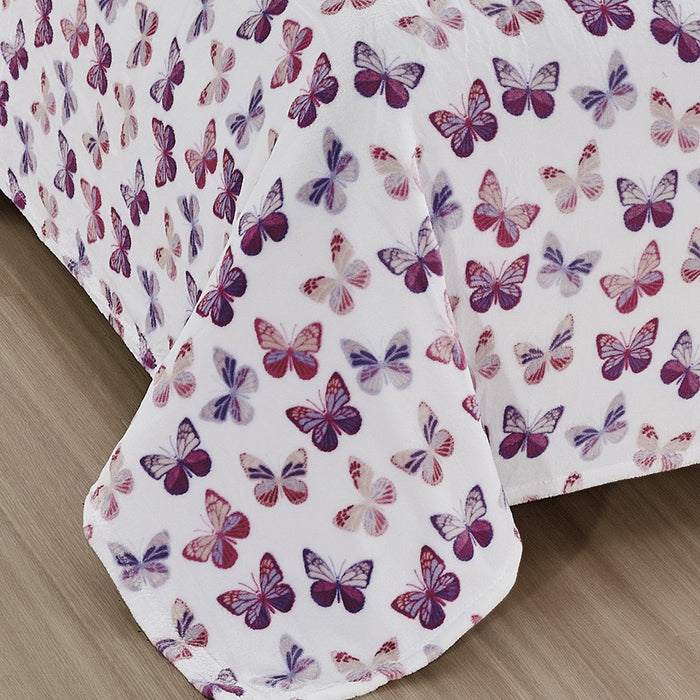 Plazatex Luxurious Ultra Soft Lightweight Rose Butterfly Printed Bed Blanket White/Purple