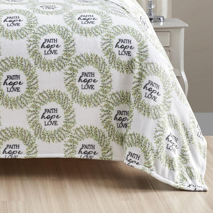 Plazatex Faith, Hope & Love Printed Luxurious Ultra Soft Lightweight Bed Blanket White & Green