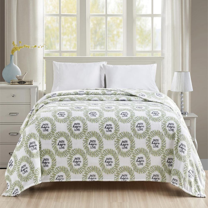 Plazatex Faith, Hope & Love Printed Luxurious Ultra Soft Lightweight Bed Blanket White & Green