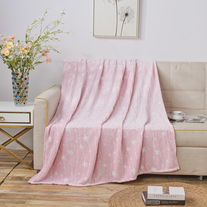 Plazatex Star Light Soft & Cozy Glow in the Dark Throw Blanket Ideal for Bedroom & Living Room Decor 50"x60" Pink