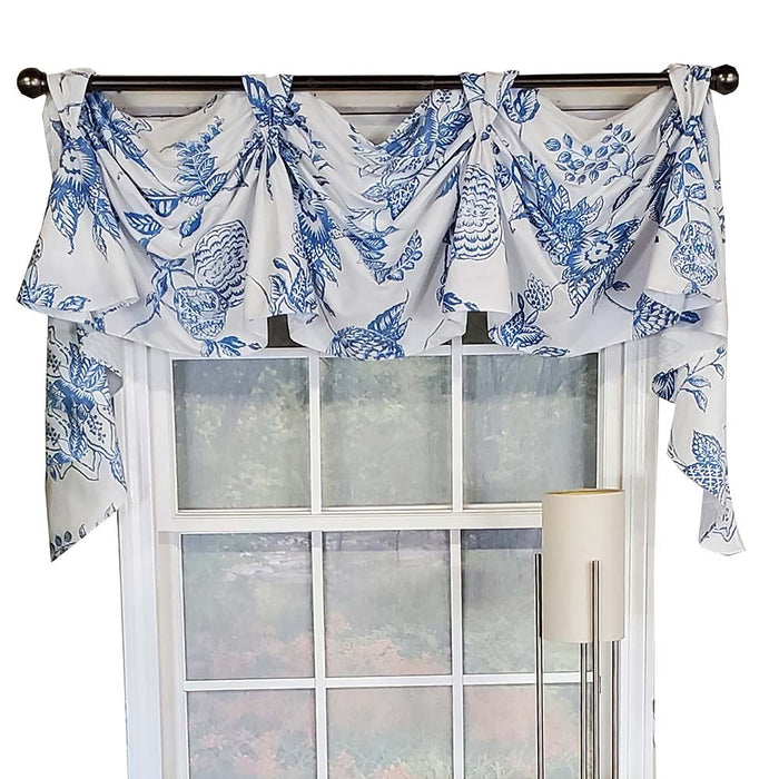 RLF Home Natalia 3-Scoop Victory Swag 4" Top Tabs Center Luxurious Window Treatment 25" Tails 50" x 18" Cyan Blue/White