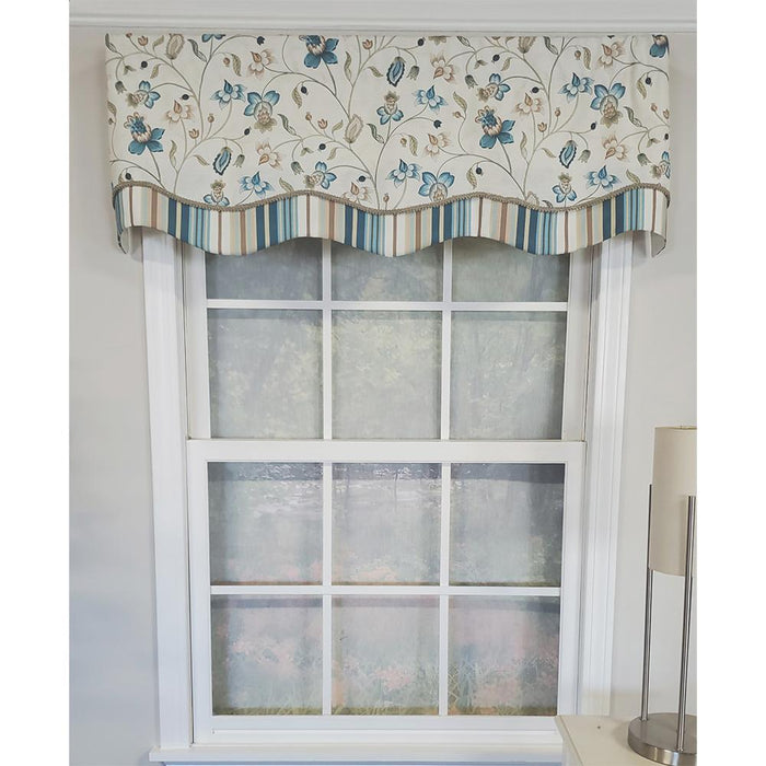 RLF Home Sandra Glory Window Treatment 100% Cotton Stripe with Gimp Trim Luxurious Lining Valance 50"x15" Blue