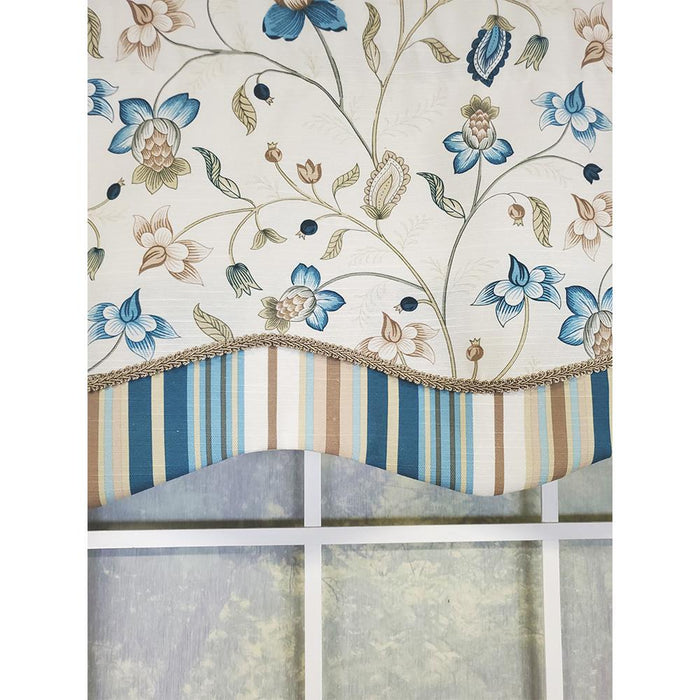RLF Home Sandra Glory Window Treatment 100% Cotton Stripe with Gimp Trim Luxurious Lining Valance 50"x15" Blue