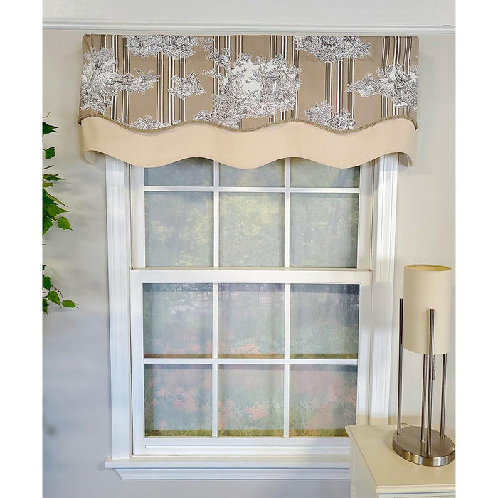 RLF Home French Tableau Classic Toile Stripe and Solid Fabric Gimp Trim Ivory Lining No Header Glory Valance 50" X 16"