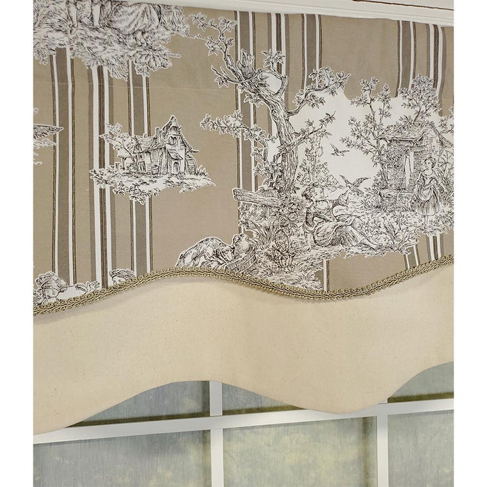 RLF Home French Tableau Classic Toile Stripe and Solid Fabric Gimp Trim Ivory Lining No Header Glory Valance 50" X 16"