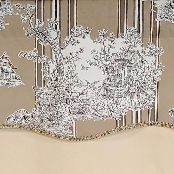 RLF Home French Tableau Classic Toile Stripe and Solid Fabric Gimp Trim Ivory Lining No Header Glory Valance 50" X 16"