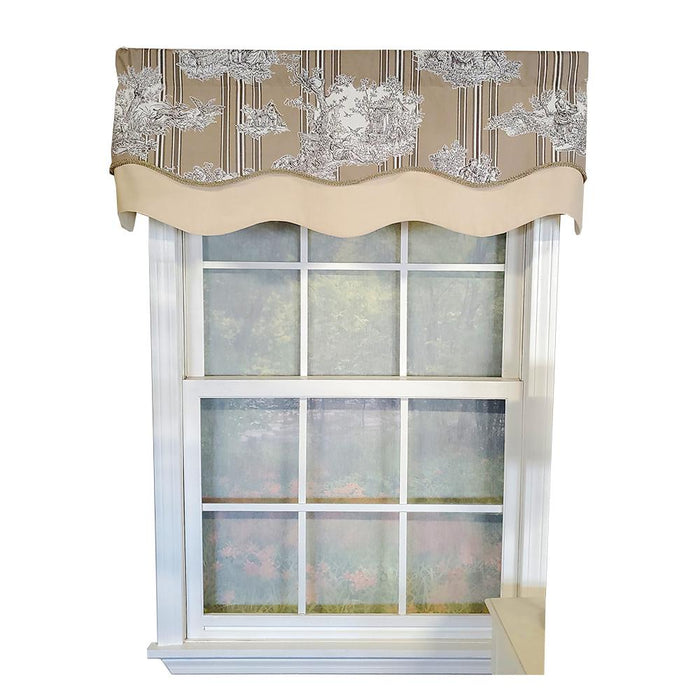 RLF Home French Tableau Classic Toile Stripe and Solid Fabric Gimp Trim Ivory Lining No Header Glory Valance 50" X 16"