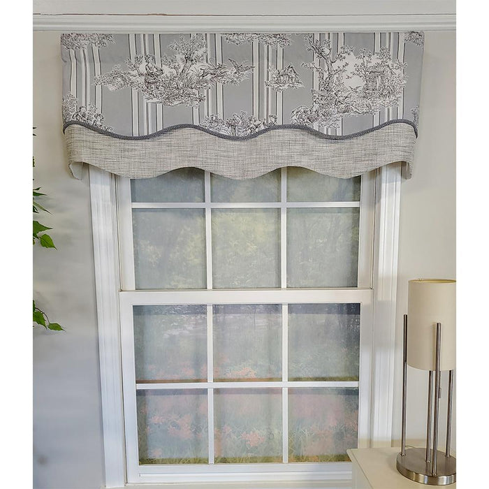 RLF Home French Tableau Classic Toile Stripe and Solid Fabric Gimp Trim Ivory Lining No Header Glory Valance 50" X 16"