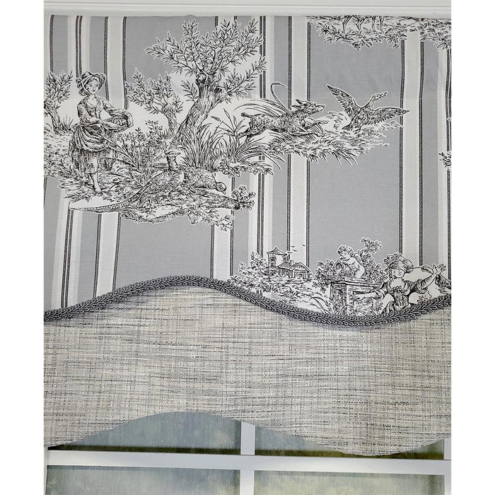 RLF Home French Tableau Classic Toile Stripe and Solid Fabric Gimp Trim Ivory Lining No Header Glory Valance 50" X 16"