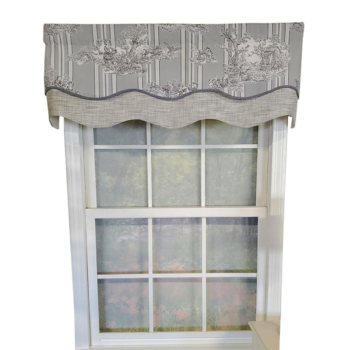 RLF Home French Tableau Classic Toile Stripe and Solid Fabric Gimp Trim Ivory Lining No Header Glory Valance 50" X 16"