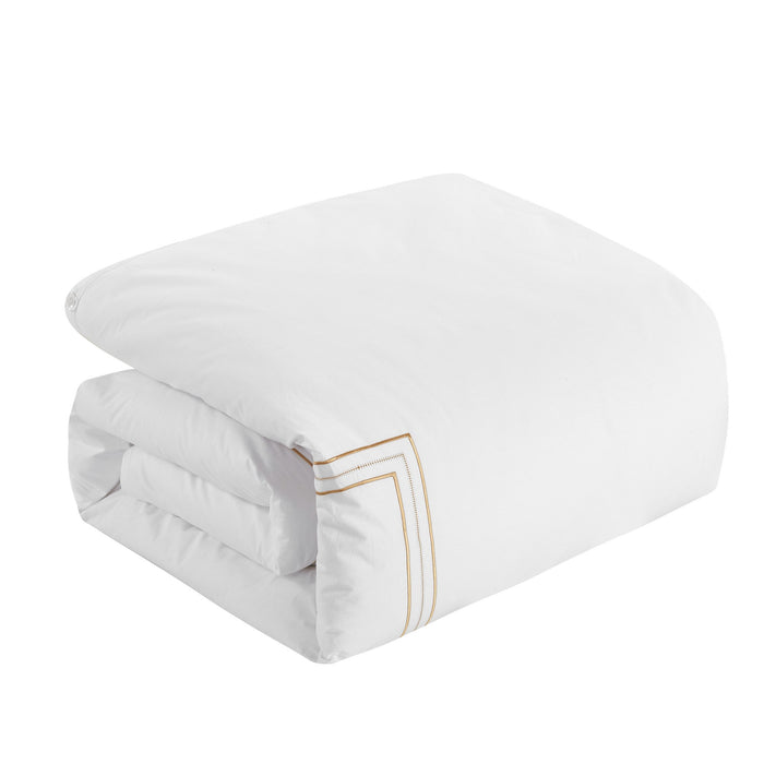 Chic Home Alexander Cotton Duvet Cover Set Solid White With Dual Stripe Embroidered Hotel Collection Bedding - Includes Two Pillow Shams - 3 Piece - Queen 92x96, Gold - Queen