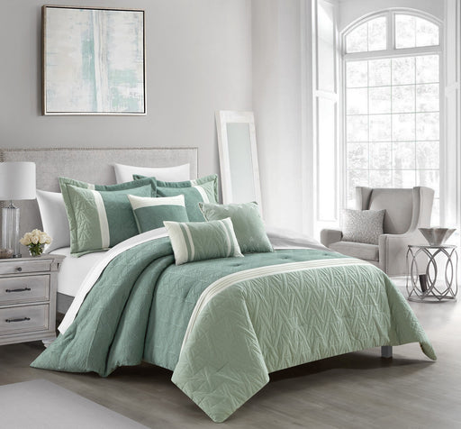 Chic Home Macie Comforter Set Jacquard Woven Geometric Design Pleated Quilted Details Bedding - Decorative Pillows Shams Included - 6 Piece - Queen 92x96", Green - Queen