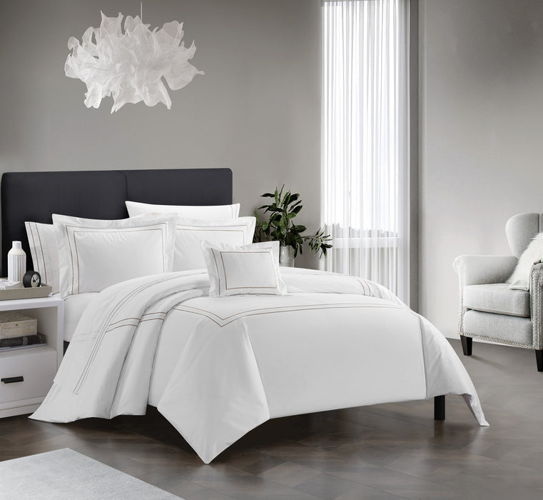 Chic Home Milos Cotton Comforter Set Dual Stripe Embroidered Border Hotel Collection Bed In A Bag Bedding - Includes Sheets Pillowcases Decorative Pillow Shams - 8 Piece - King 106x96, Beige - King