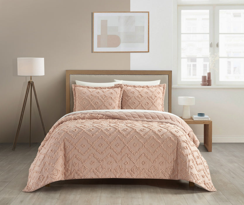 NY&C Home Cody 7 Piece Cotton Quilt Set Clip Jacquard Geometric Pattern Bed In A Bag Bedding -Sheets Pillowcases Pillow Shams Included, King, Dusty Rose - King