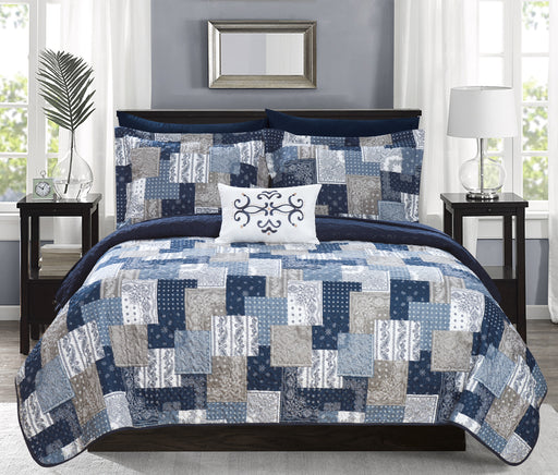 Chic Home Eliana 4 Piece Reversible Quilt Coverlet Set Embossed Patchwork Bohemian Paisley Print Quilted Design Bedding Queen Blue - Queen
