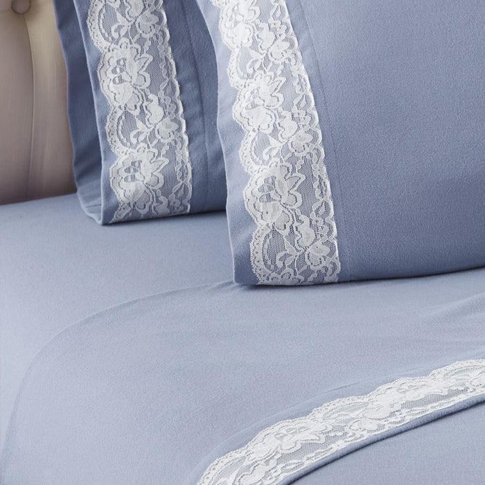 Shavel Micro Flannel Quality Lace-Edged Sheet Set - King Flat/Fitted Sheet 108x110/80x78x18" 2-Pillowcase 21x40" - Wedgewood. - King,Wedgewood