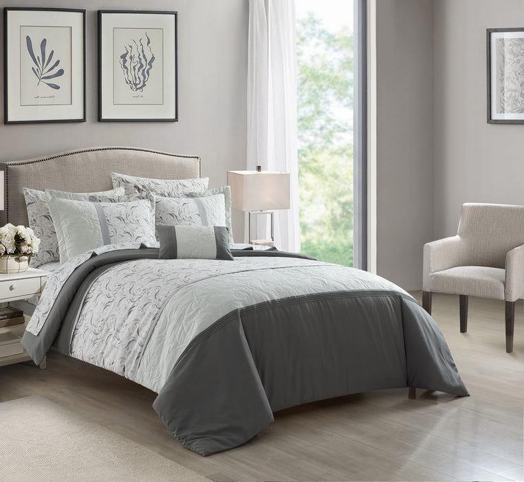Chic Home Ava Comforter Set Color Block Floral Pleated Stitching Print Details Design Bed In A Bag Bedding - Sheets Pillowcases Decorative Pillow Shams Included - 8 Piece - Queen 90x92", Grey - Queen