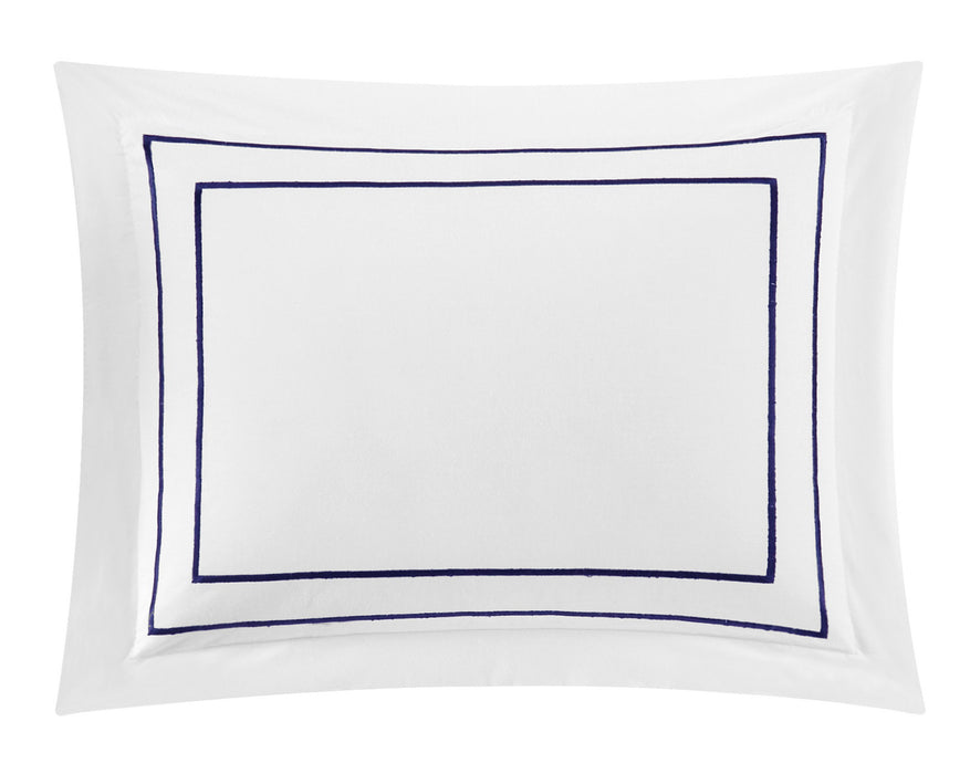 Chic Home Santorini Cotton Comforter Set Solid White With Dual Stripe Embroidered Border Hotel Collection Bedding - Includes Decorative Pillow Shams - 4 Piece - Queen 92x96, Navy - Queen