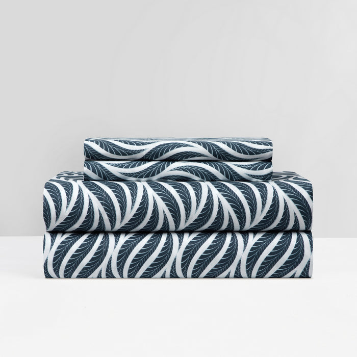 NY&C Home Kate 3 Piece Sheet Set Super Soft Two-Tone Geometric Leaf Pattern Print Design – Includes 1 Flat, 1 Fitted Sheet, and 1 Pillowcase, Twin XL, Navy - Twin XL