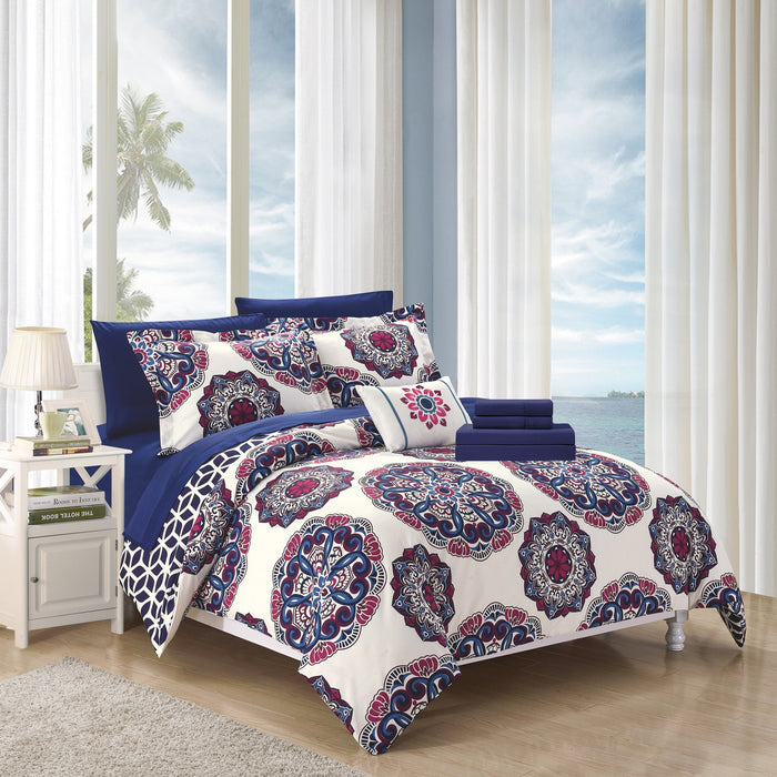 Chic Home Medallion Modern Pattern Microfiber 6/8 Pieces Comforter Bed In A Bag Sheet Set & Decorative Shams - Full/Queen 86x86, Navy - Full/Queen