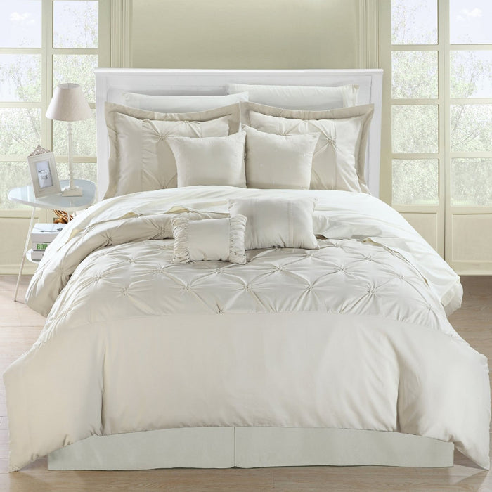 Chic Home Vermont Embroidered Solid Pleating 12 Pieces Comforter Bed In A Bag - King 110x90, Beige - King