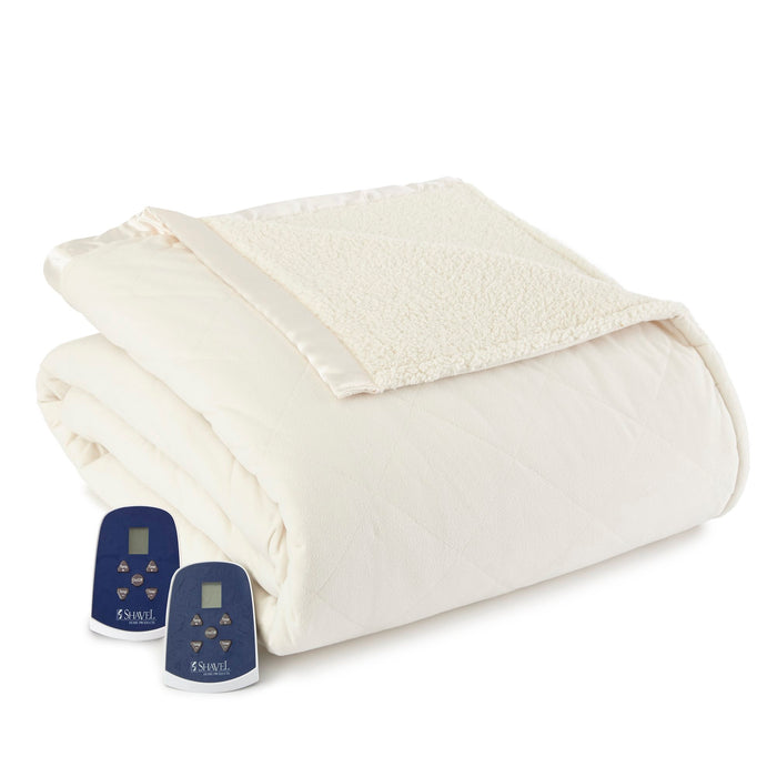 Shavel Micro Flannel Heating Technology Luxuriously Soft Solid Sherpa Electric Blanket - Twin 62x84" - Ivory - Twin,Ivory