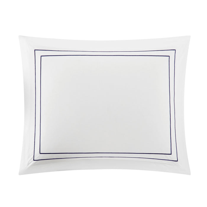 Chic Home Santorini Cotton Comforter Set Solid White With Dual Stripe Embroidered Border Hotel Collection Bedding - Includes Decorative Pillow Shams - 4 Piece - King 106x96, Navy - King