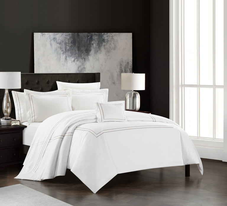 Chic Home Santorini Cotton Comforter Set Solid White With Dual Stripe Embroidered Border Hotel Collection Bedding - Includes Decorative Pillow Shams - 4 Piece - King 106x96, Beige - King