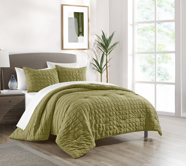 Chic Home Jessa Comforter Set Washed Garment Technique Geometric Square Tile Pattern Bedding - Pillow Shams Included - 3 Piece - Queen 90x92", Green - Queen