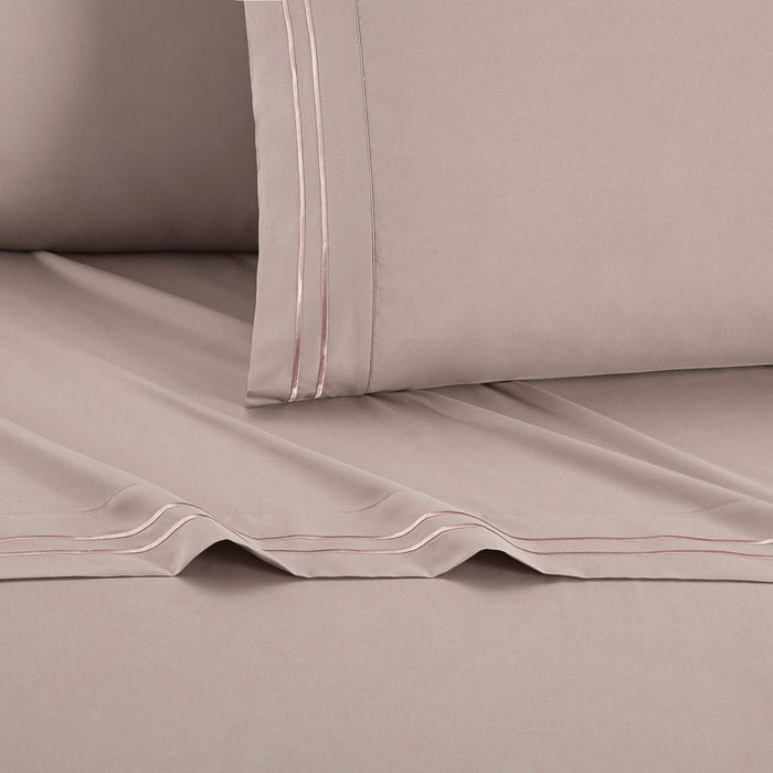 Chic Home Savannah Sheet Set Solid Color With Dual Stripe Embroidery - Includes 1 Flat, 1 Fitted Sheet, and 2 Pillowcases - 4 Piece - King 108x102", Rose - Rose