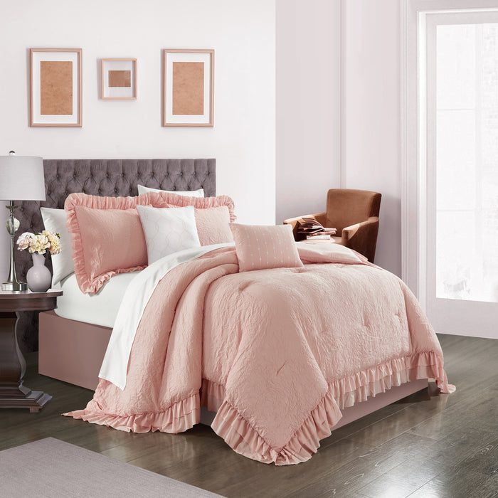 Chic Home Kensley Comforter Set Washed Crinkle Ruffled Flange Border Design Bedding Blush, Queen - Queen