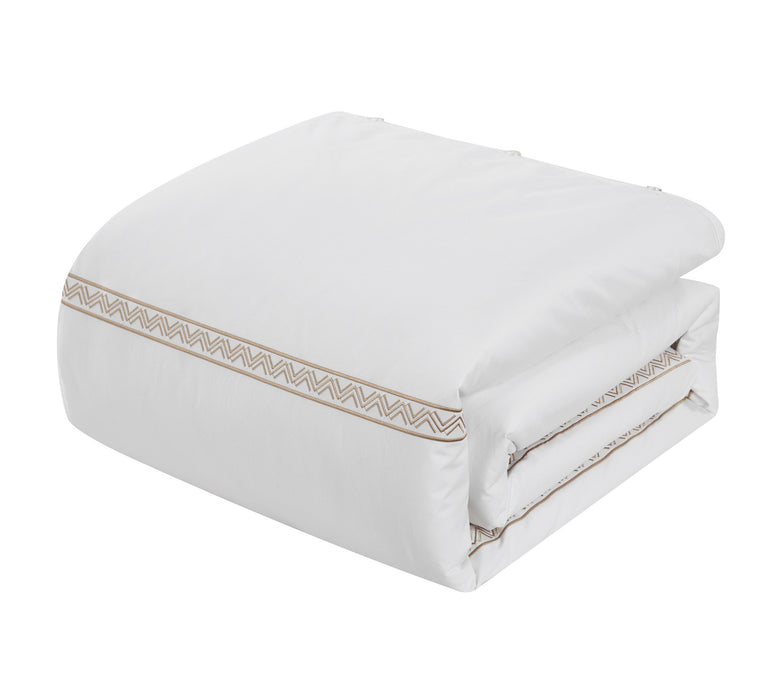 Chic Home Ella Cotton Duvet Cover Set Solid White Dual Stripe Embroidered Border Zig-Zag Details Hotel Collection Bedding - Includes Two Pillow Shams - 3 Piece - Queen 92x96, Beige - Queen