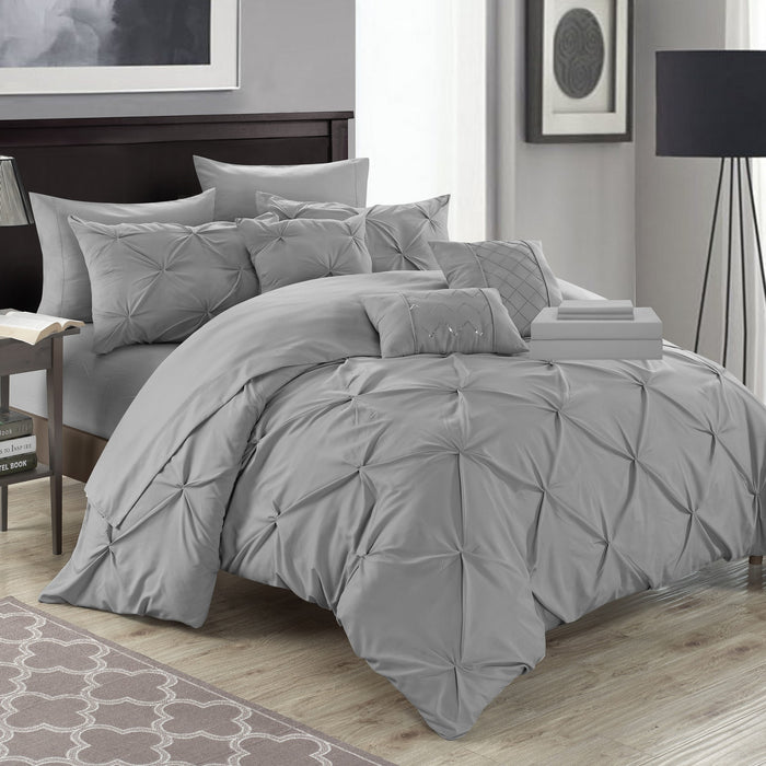 Chic Home Mycroft Pinch Pleated Ruffled Bed In A Bag Soft Microfiber Sheets 10 Pieces Comforter Decorative Pillows & Shams - Queen 90x90, Silver - Queen