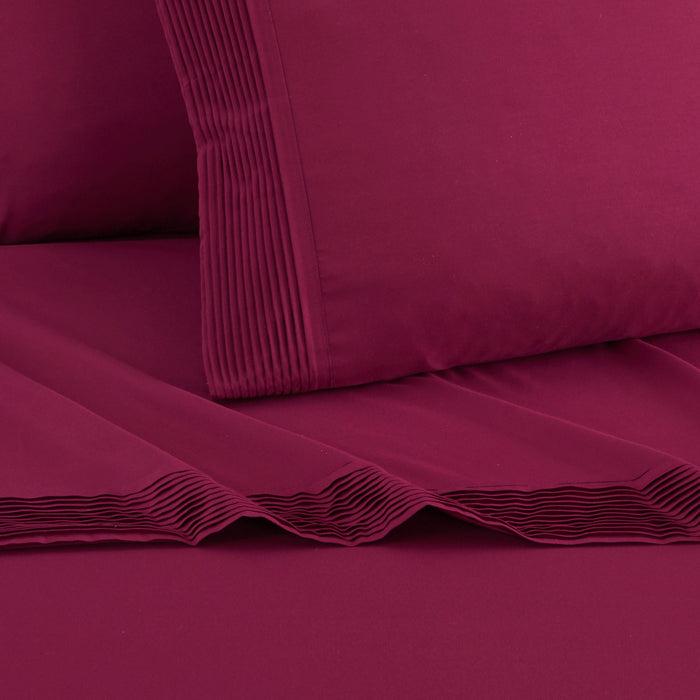 Chic Home Harley Sheet Set Solid Color With Pleated Details - Includes 1 Flat, 1 Fitted Sheet, and 2 Pillowcases - 4 Piece - Queen 90x102", Wine - Wine