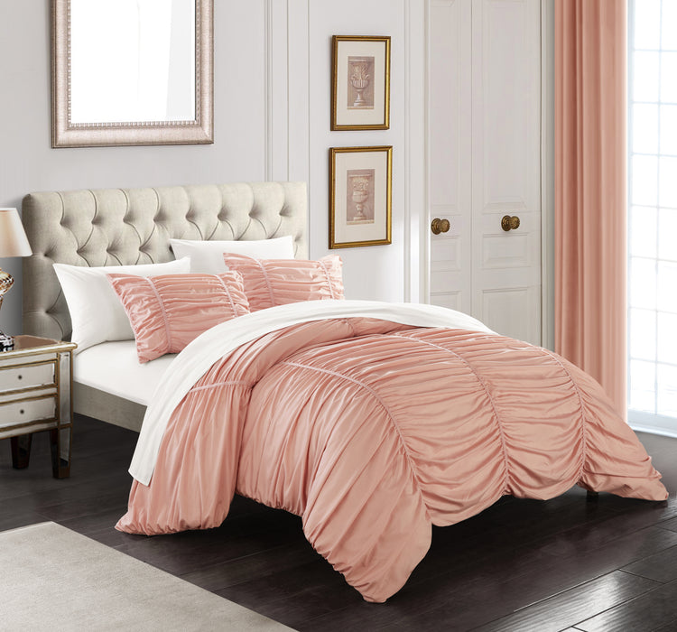 Chic Home Kaiah 7 Piece Comforter Set Contemporary Striped Ruched Ruffled Design Sheet Set Pillowcases Pillow Shams Included King Coral - King