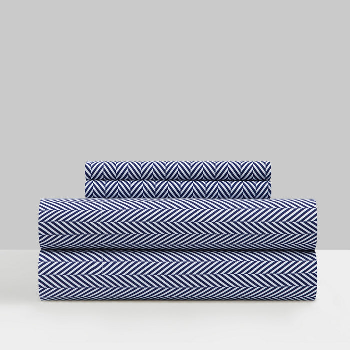 Chic Home Denise Sheet Set Super Soft Graphic Herringbone Print Design - Includes 1 Flat, 1 Fitted Sheet, and 2 Pillowcases - 4 Piece - King 108x102", Navy - Navy