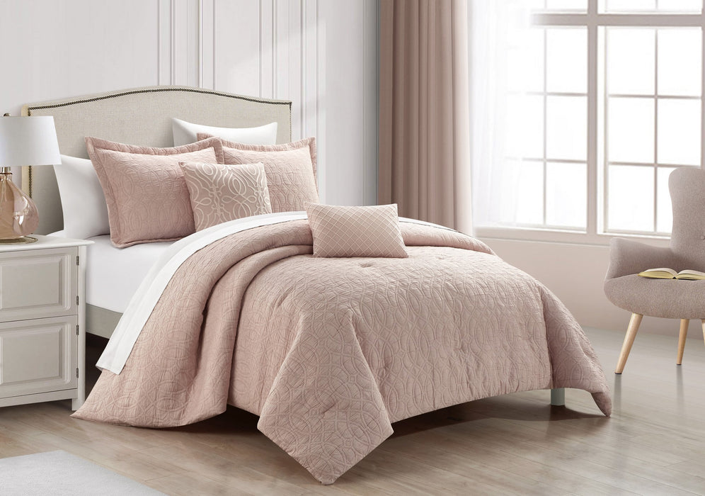 NY&C Home Trinity 5 Piece Cotton Blend Comforter Set Jacquard Interlaced Geometric Pattern Design Bedding - Decorative Pillows Shams Included, Queen, Blush - Queen