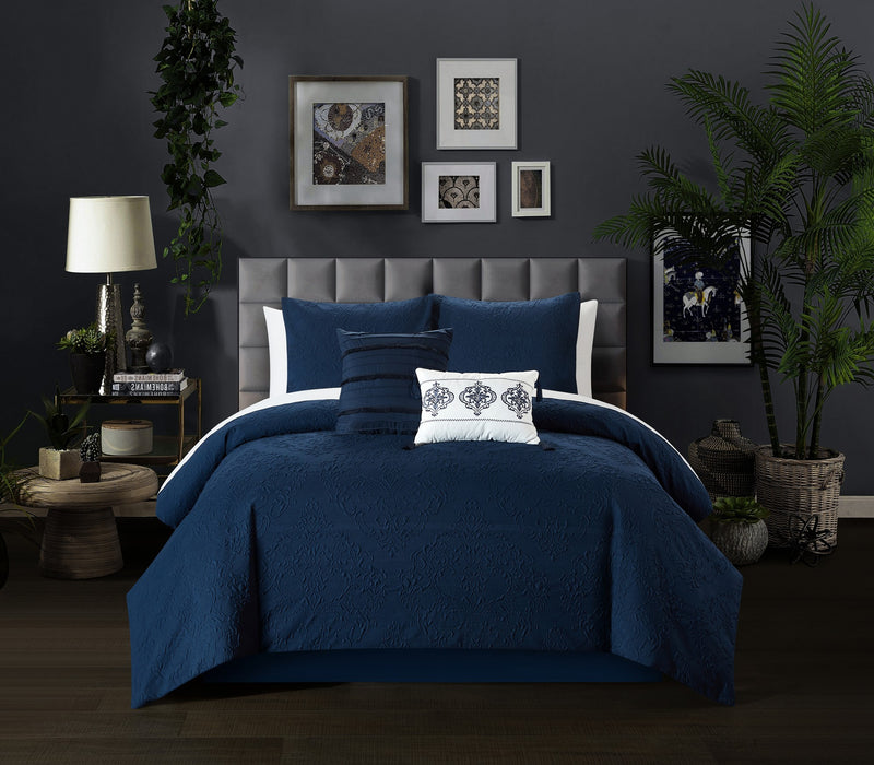 Chic Home Mayflower Comforter Set Embossed Medallion Scroll Pattern Design Bed In A Bag Navy, Twin XL - Twin XL