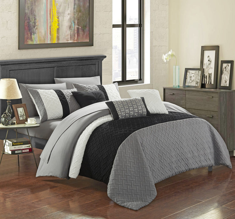 Chic Home Karras Quilted Embroidered Design Bed In A Bag Sheets 10 Pieces Comforter Decorative Pillows & Shams - Queen 90x90, Grey - Queen