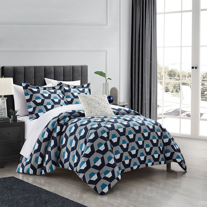 Chic Home Miles 8 Piece Comforter Set Contemporary Geometric Hexagon Pattern Print Design Bed In A Bag Bedding King Blue - King