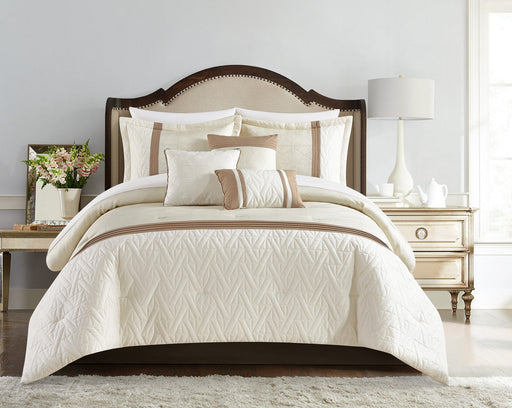 Chic Home Macie Comforter Set Jacquard Woven Geometric Design Pleated Quilted Details Bedding - Decorative Pillows Shams Included - 6 Piece - Queen 92x96", Beige - Queen