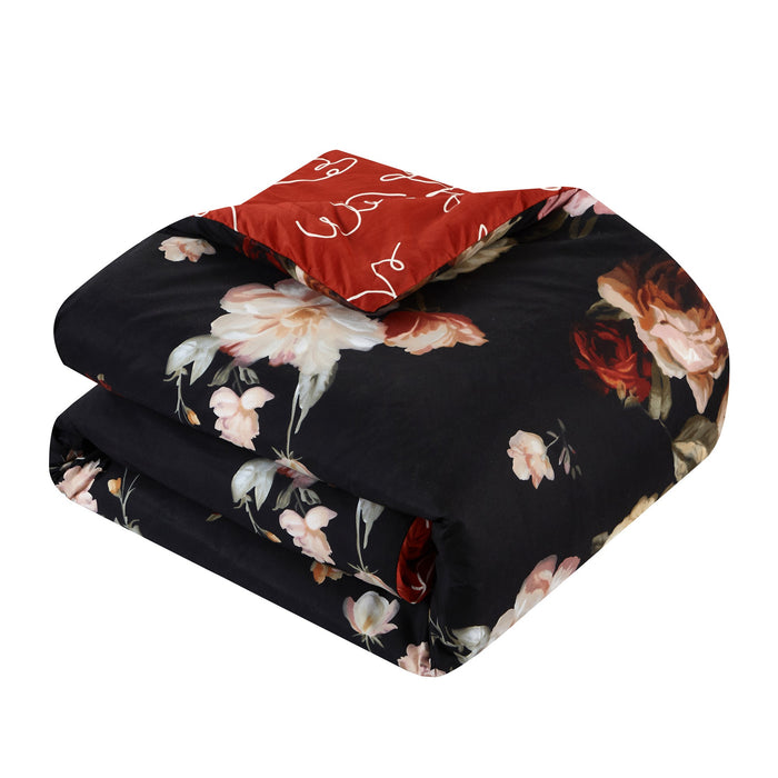 Chic Home Enid 5 Piece Reversible Comforter Set Floral Print Cursive Script Design Bedding - Decorative Pillows Shams Included - Queen 90x92", Black - Queen