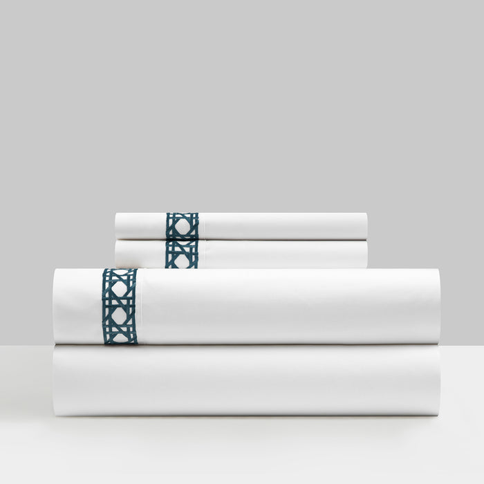 Chic Home Aria 4 Piece Cotton Blend Sheet Set 1500 Thread Count Solid White With Dual Stripe Embroidery Lattice Stitching Details Queen Navy - Queen