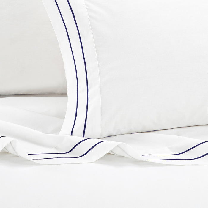 Chic Home Valencia Organic Cotton Sheet Set Solid White With Dual Stripe Embroidery - Includes 1 Flat, 1 Fitted Sheet, and 2 Pillowcases - 4 Piece - King 108x102, Navy - King